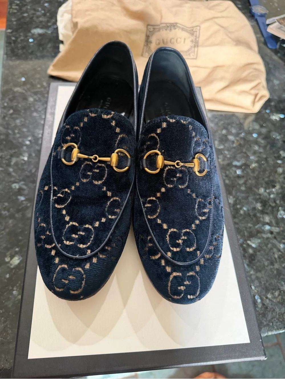 Gucci Women's Jordaan Navy Velvet Horsebit Loafers
